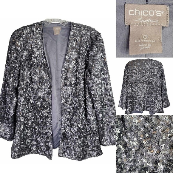 Chicos Travelers Jacket Cardigan Womens Size 4/6 Gray Silver Open Front Sequins - Picture 1 of 7